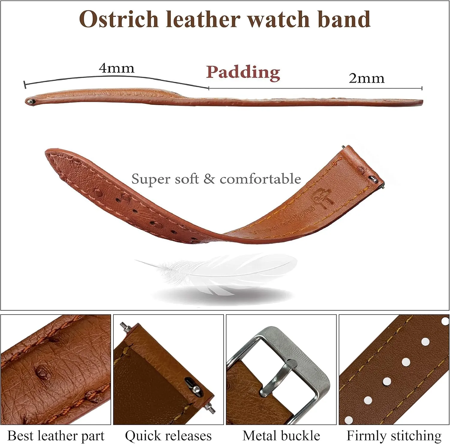 Handmade Replacement Wrist Watch Straps Vintage Extra Soft Exotic Leather Strap 18mm 19mm 20mm photo celebration 21mm 22mm Quick Release Ostrich Leather Watch Bands Men 