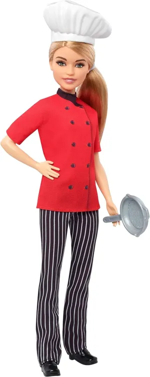 Hat and Blonde Hair, Gift for 3 to 7 Year Olds Barbie Chef Doll, Petite, Dressed in Chef-Inspired Coat visible thoughtless with Frying Pan, Chef's 