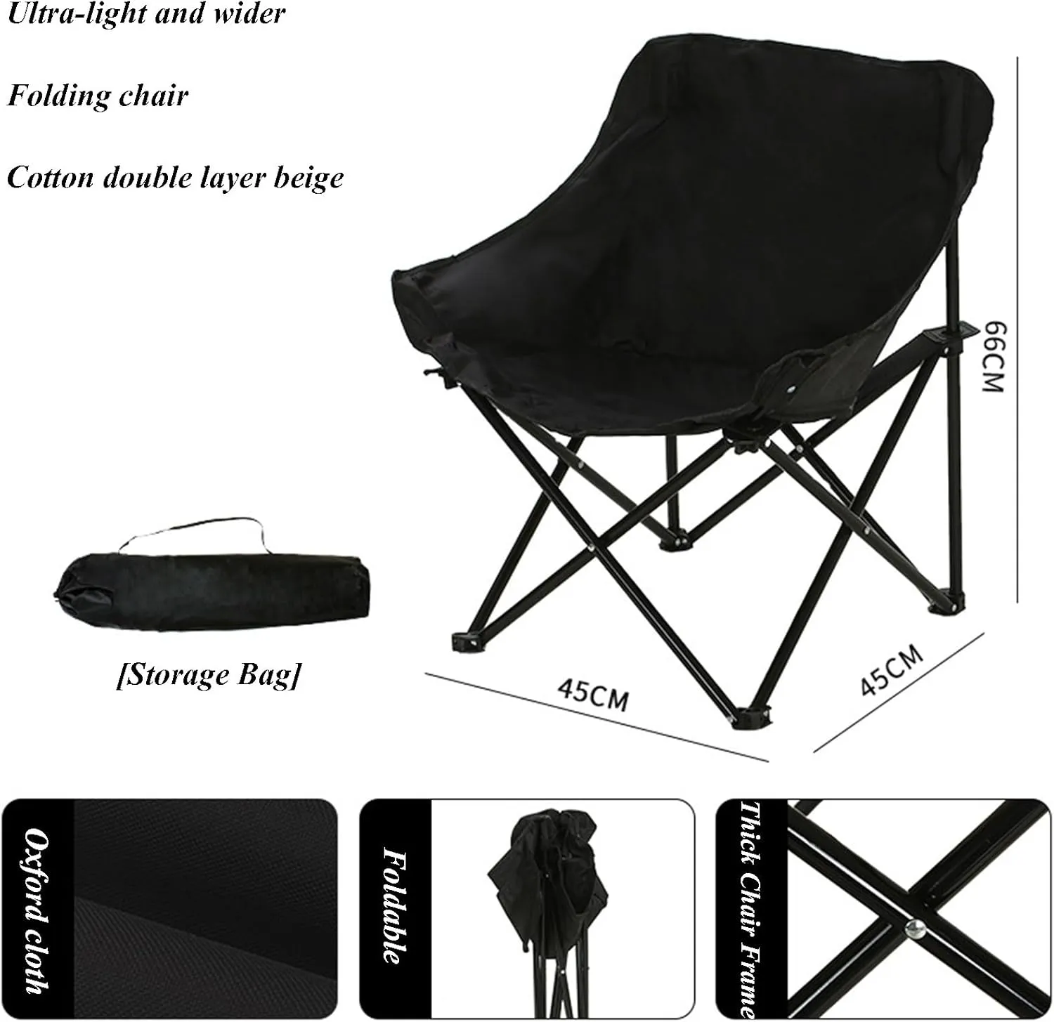 Heavy Duty Collapsible Chairs for Sports Garden Beach Fishing, Black Oversized Folding Camping foul therapist Chair - Portable Reclining Lounger for Tanning - Carry Bag Included - 