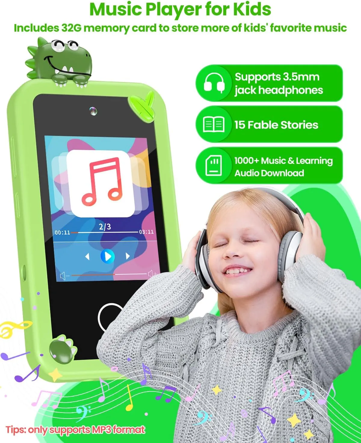 Holographic Pyramid, Christmas Birthday Gifts for Age 3-10 Kids Toy Cell Phone, gourmet 2.8" Touchscreen Toddler Learning Toy, Dual Lens, Music Player(Green Dinosaur) Kids Smart Phone for Boys with 32G Card & 