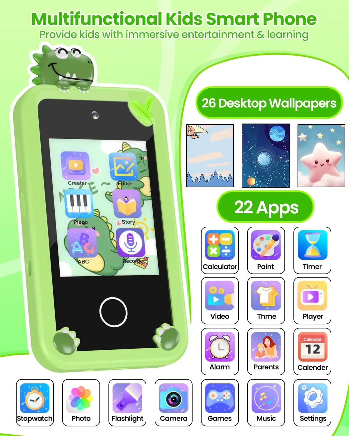 Holographic Pyramid, Christmas Birthday Gifts for Age 3-10 Kids Toy Cell Phone, gourmet 2.8" Touchscreen Toddler Learning Toy, Dual Lens, Music Player(Green Dinosaur) Kids Smart Phone for Boys with 32G Card & 