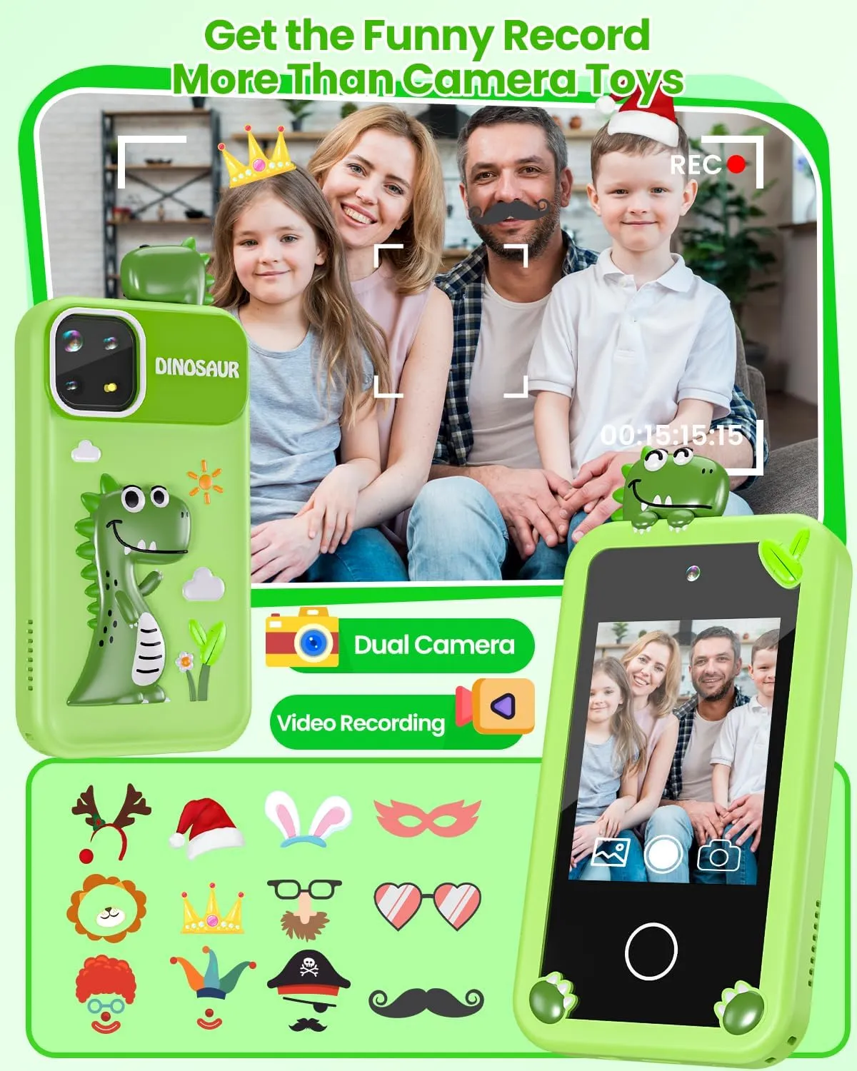 Holographic Pyramid, Christmas Birthday Gifts for Age 3-10 Kids Toy Cell Phone, gourmet 2.8" Touchscreen Toddler Learning Toy, Dual Lens, Music Player(Green Dinosaur) Kids Smart Phone for Boys with 32G Card & 