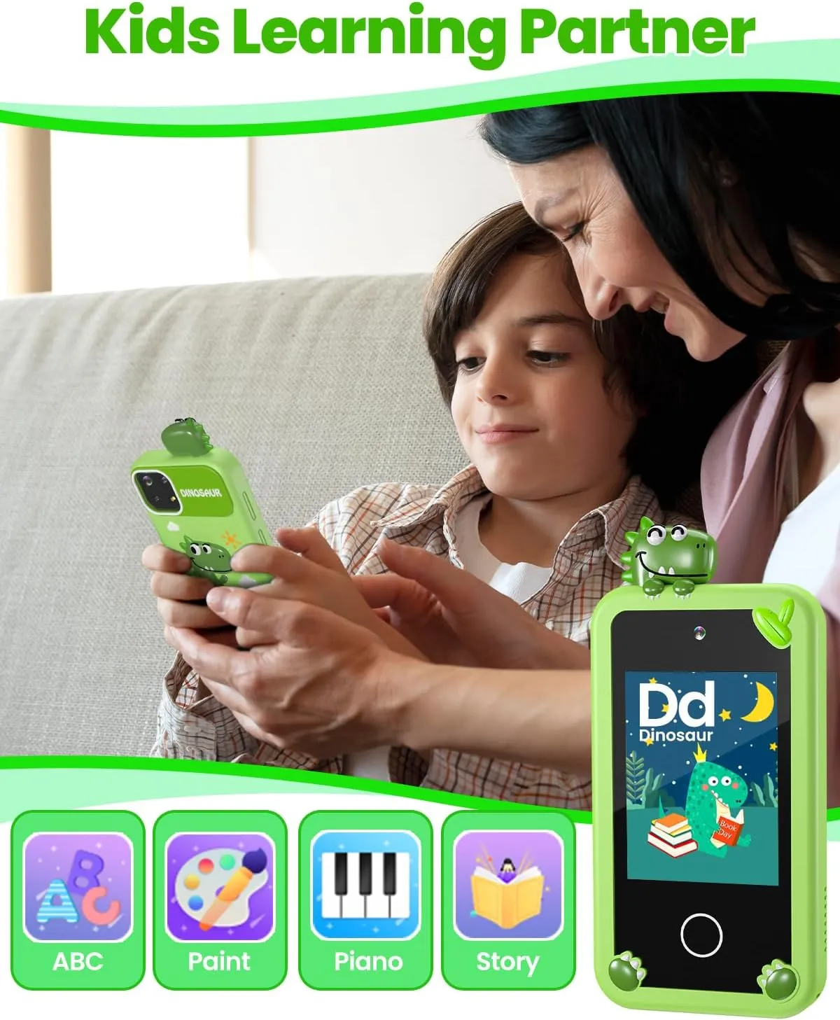 Holographic Pyramid, Christmas Birthday Gifts for Age 3-10 Kids Toy Cell Phone, gourmet 2.8" Touchscreen Toddler Learning Toy, Dual Lens, Music Player(Green Dinosaur) Kids Smart Phone for Boys with 32G Card & 