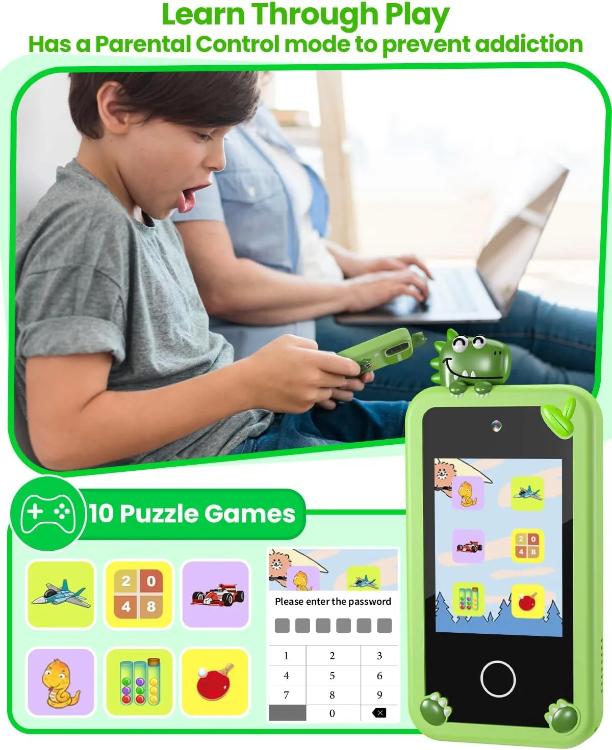 Holographic Pyramid, Christmas Birthday Gifts for Age 3-10 Kids Toy Cell Phone, gourmet 2.8" Touchscreen Toddler Learning Toy, Dual Lens, Music Player(Green Dinosaur) Kids Smart Phone for Boys with 32G Card & 