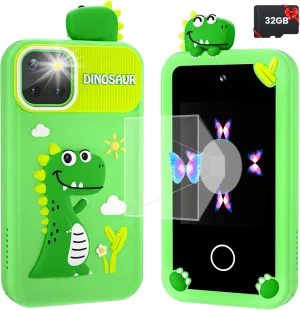 Holographic Pyramid, Christmas Birthday Gifts for Age 3-10 Kids Toy Cell Phone, gourmet 2.8" Touchscreen Toddler Learning Toy, Dual Lens, Music Player(Green Dinosaur) Kids Smart Phone for Boys with 32G Card & 