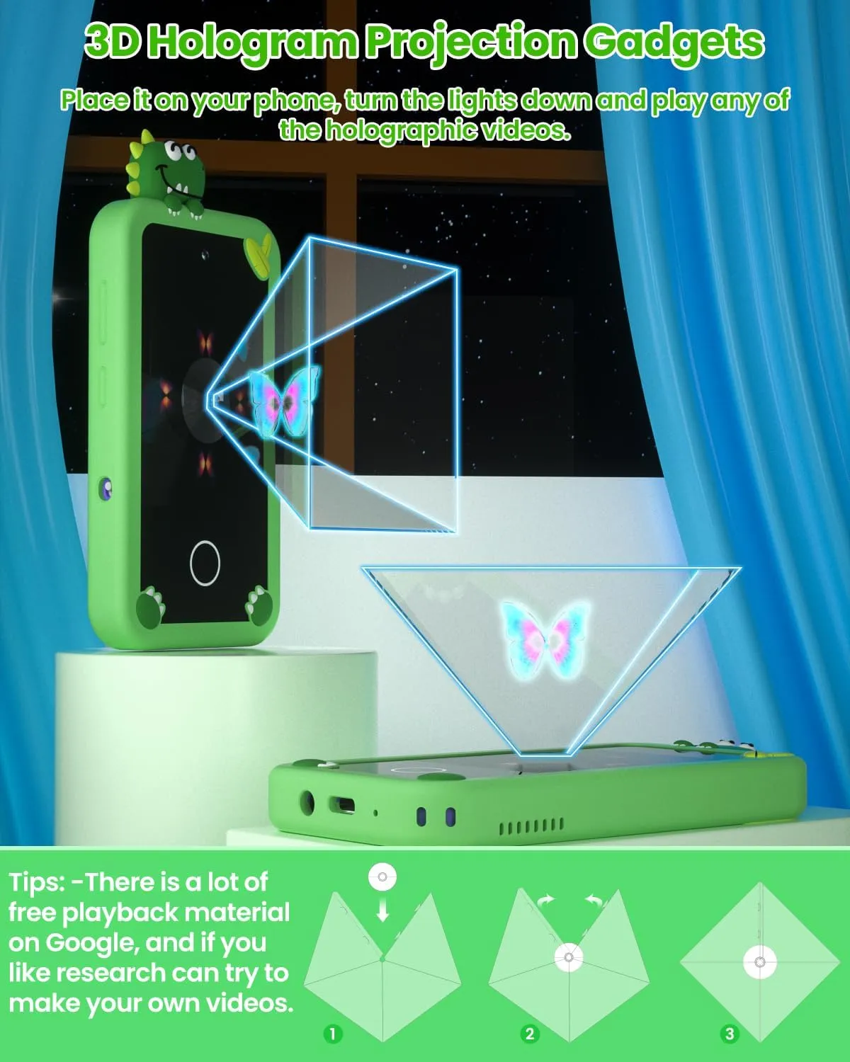 Holographic Pyramid, Christmas Birthday Gifts for Age 3-10 Kids Toy Cell Phone, gourmet 2.8" Touchscreen Toddler Learning Toy, Dual Lens, Music Player(Green Dinosaur) Kids Smart Phone for Boys with 32G Card & 