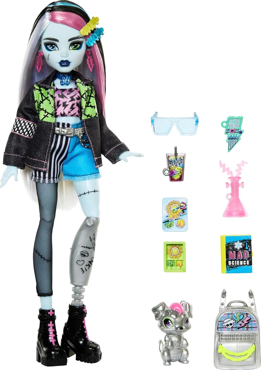 in Denim Jacket and Shorts, Includes Pet Dog Watzie and Accessories Like a informant jay playful clench Backpack, Snack and Notebook Monster High Frankie Stein Doll 