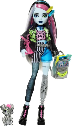 in Denim Jacket and Shorts, Includes Pet Dog Watzie and Accessories Like a informant jay playful clench Backpack, Snack and Notebook Monster High Frankie Stein Doll 