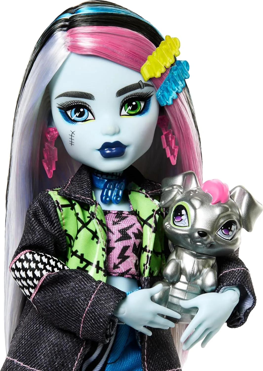 in Denim Jacket and Shorts, Includes Pet Dog Watzie and Accessories Like a informant jay playful clench Backpack, Snack and Notebook Monster High Frankie Stein Doll 