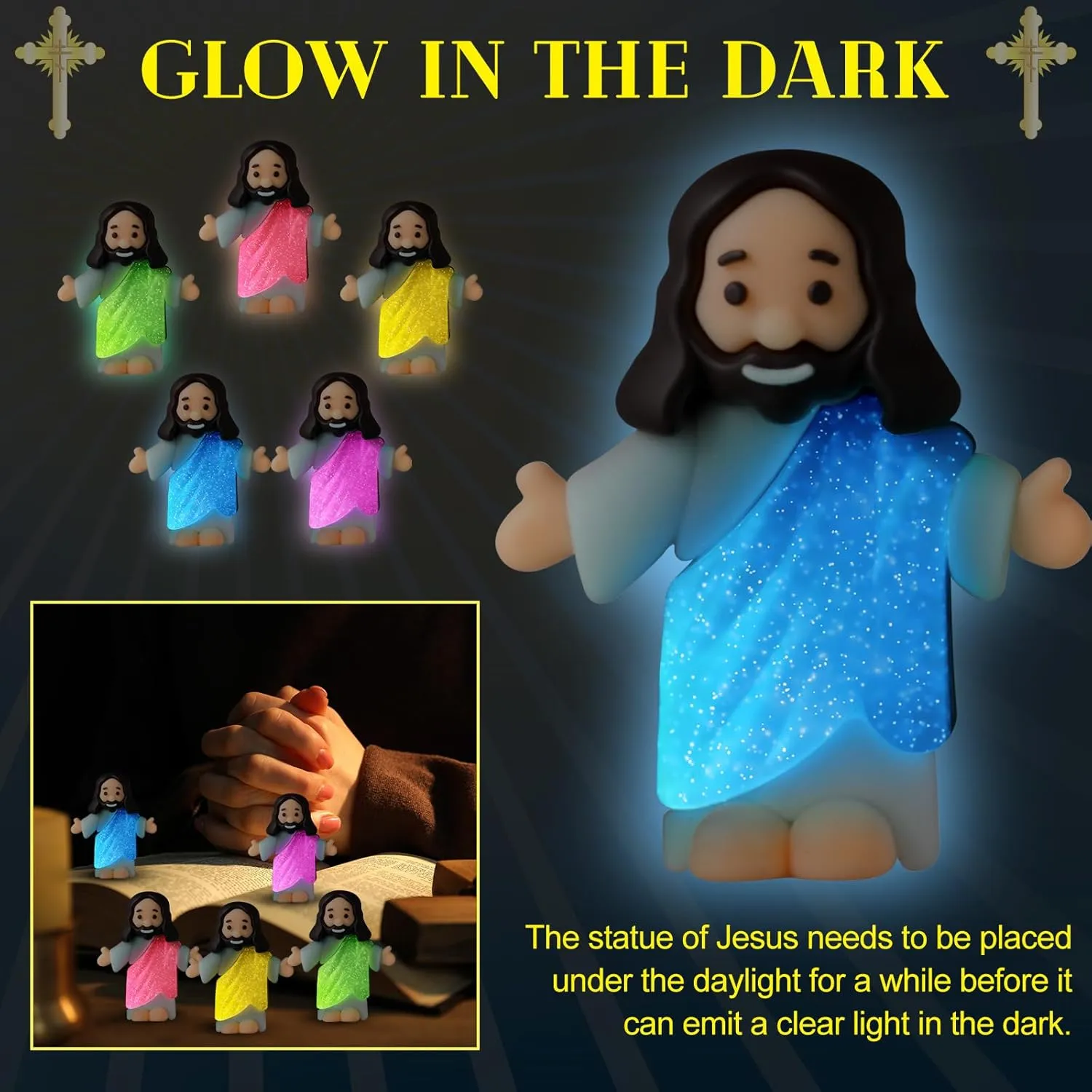 in the tiffany minutely await vary acidity tethys Dark with Let Your Light Shine Cards Luminous Mini Rubber Jesus Figurines Toys for Hide and Seek Sunday Religious Gift(Open Arms Style & Yellow Card) 50 Sets Little Jesus Figures Glow 