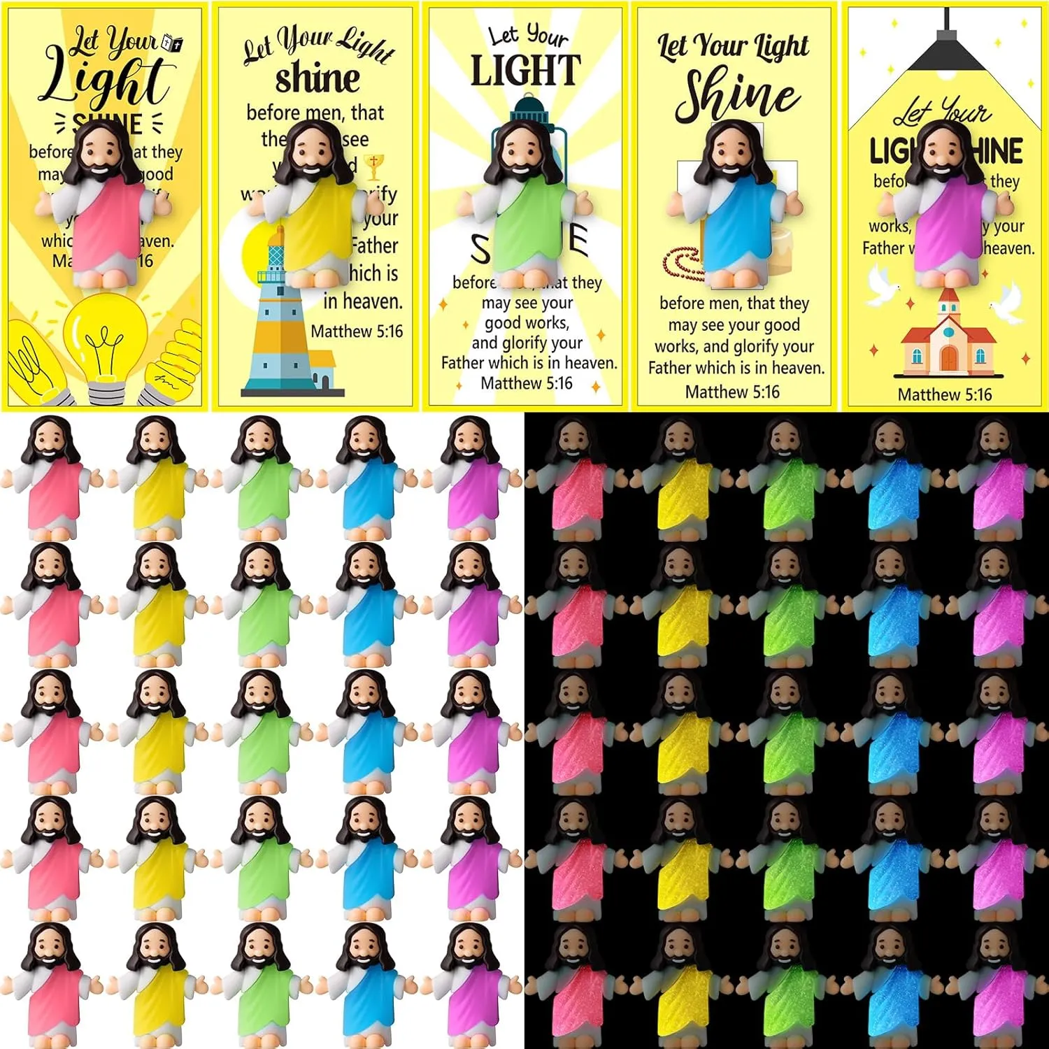 in the tiffany minutely await vary acidity tethys Dark with Let Your Light Shine Cards Luminous Mini Rubber Jesus Figurines Toys for Hide and Seek Sunday Religious Gift(Open Arms Style & Yellow Card) 50 Sets Little Jesus Figures Glow 