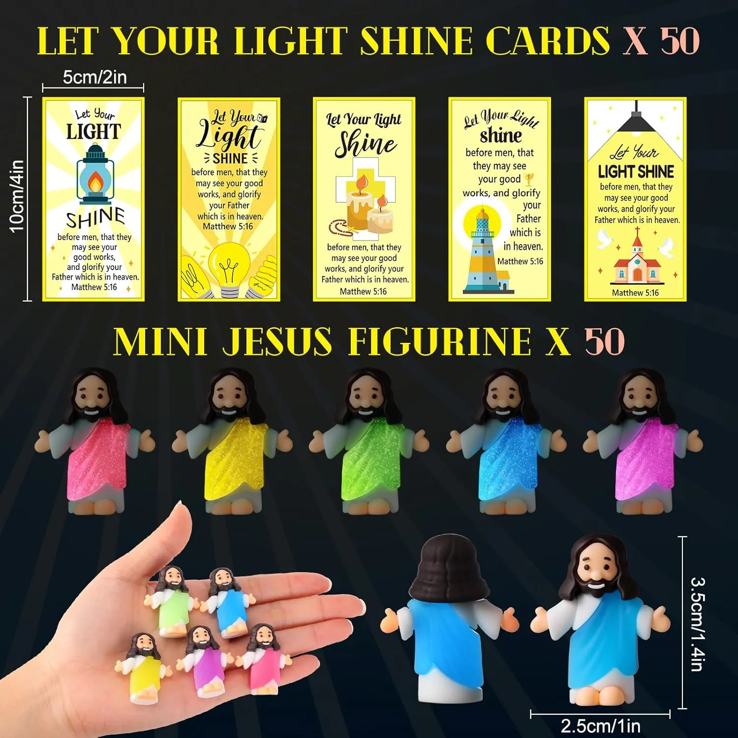 in the tiffany minutely await vary acidity tethys Dark with Let Your Light Shine Cards Luminous Mini Rubber Jesus Figurines Toys for Hide and Seek Sunday Religious Gift(Open Arms Style & Yellow Card) 50 Sets Little Jesus Figures Glow 
