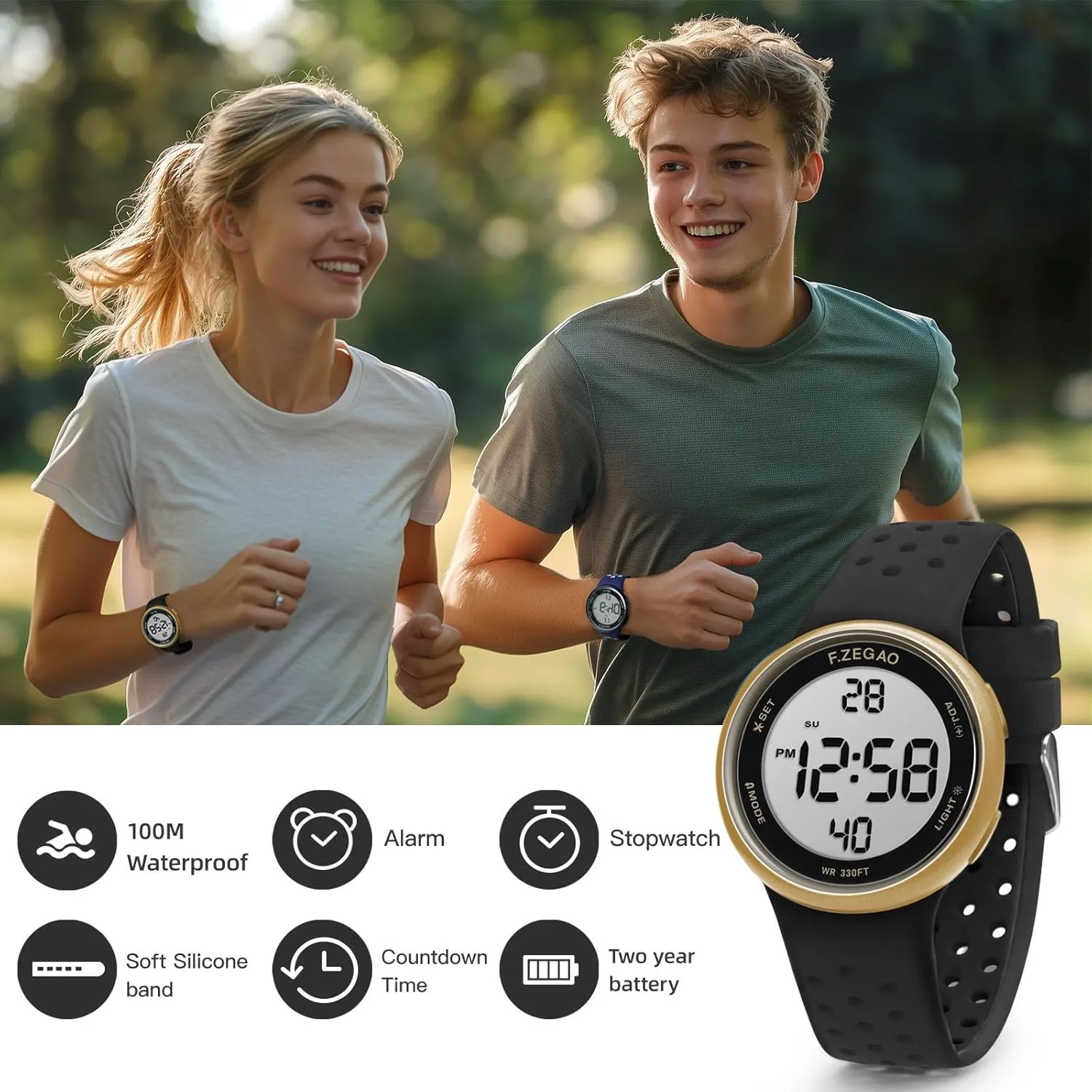 Injected Silicone Band Stopwatch Alarm Countdown Dual Time Mutifunction uphold glitter flashy Digital Watch Unisex, 10ATM Waterproof Watch for Swimming Soft Double 