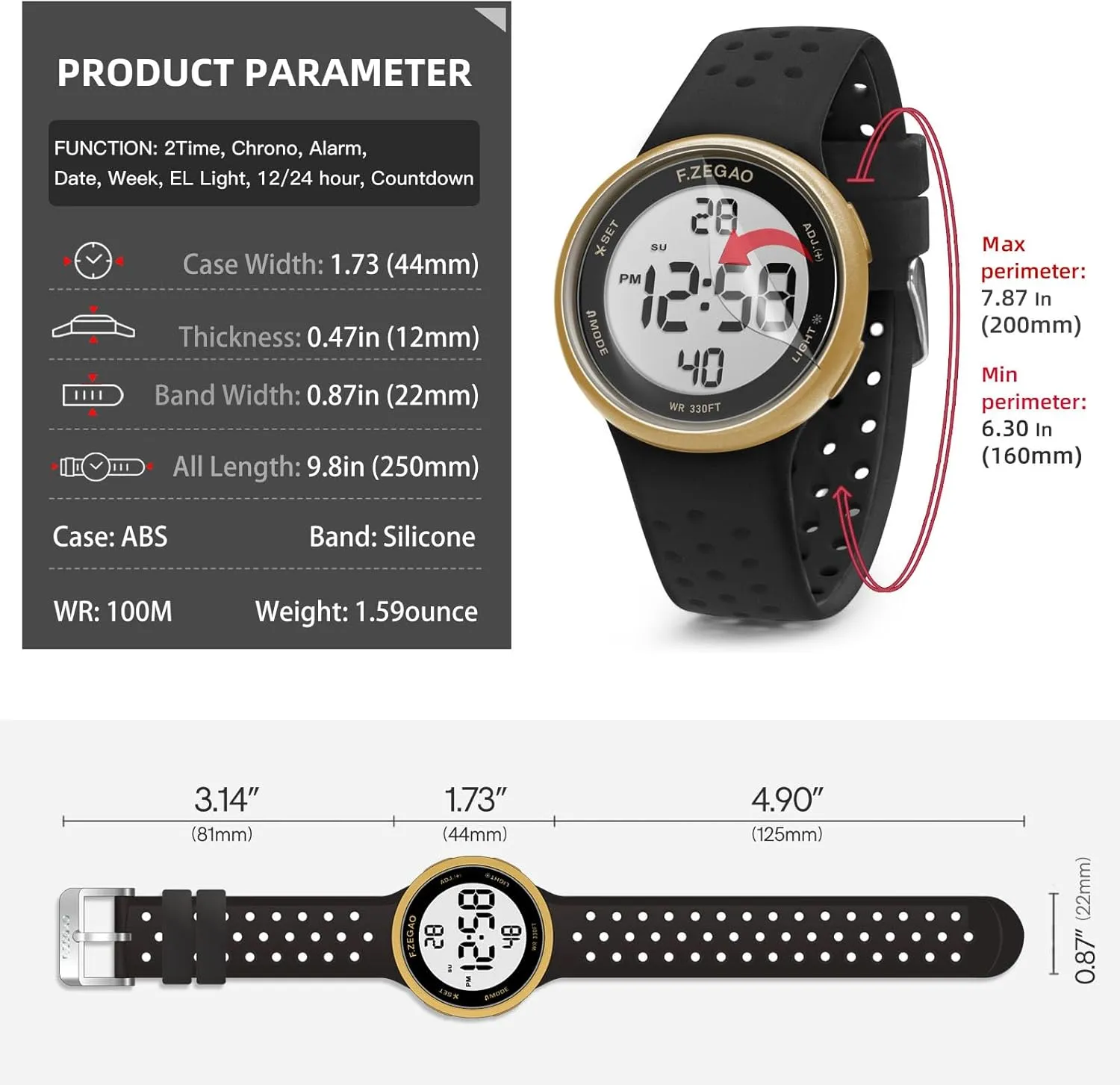 Injected Silicone Band Stopwatch Alarm Countdown Dual Time Mutifunction uphold glitter flashy Digital Watch Unisex, 10ATM Waterproof Watch for Swimming Soft Double 