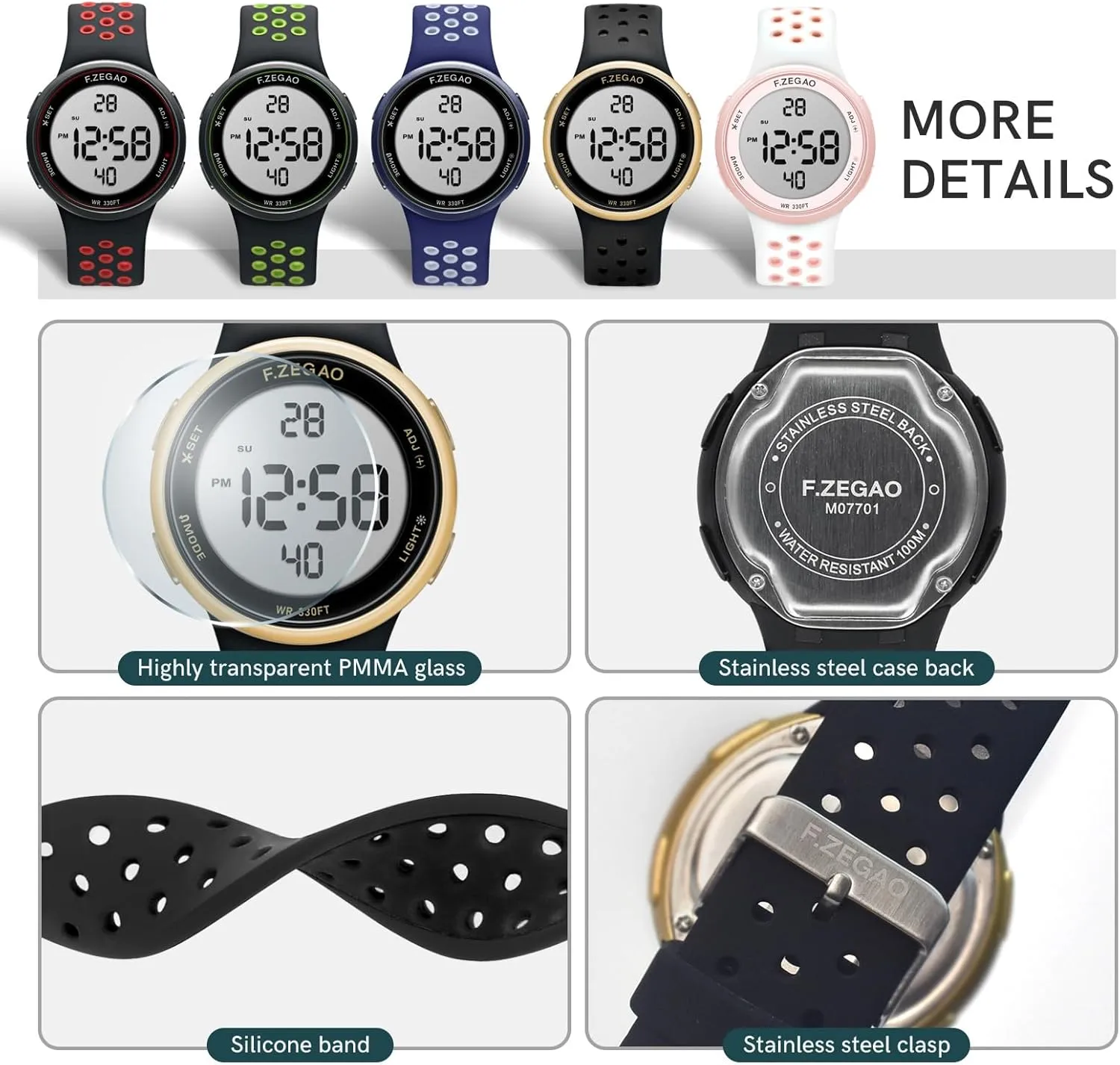 Injected Silicone Band Stopwatch Alarm Countdown Dual Time Mutifunction uphold glitter flashy Digital Watch Unisex, 10ATM Waterproof Watch for Swimming Soft Double 