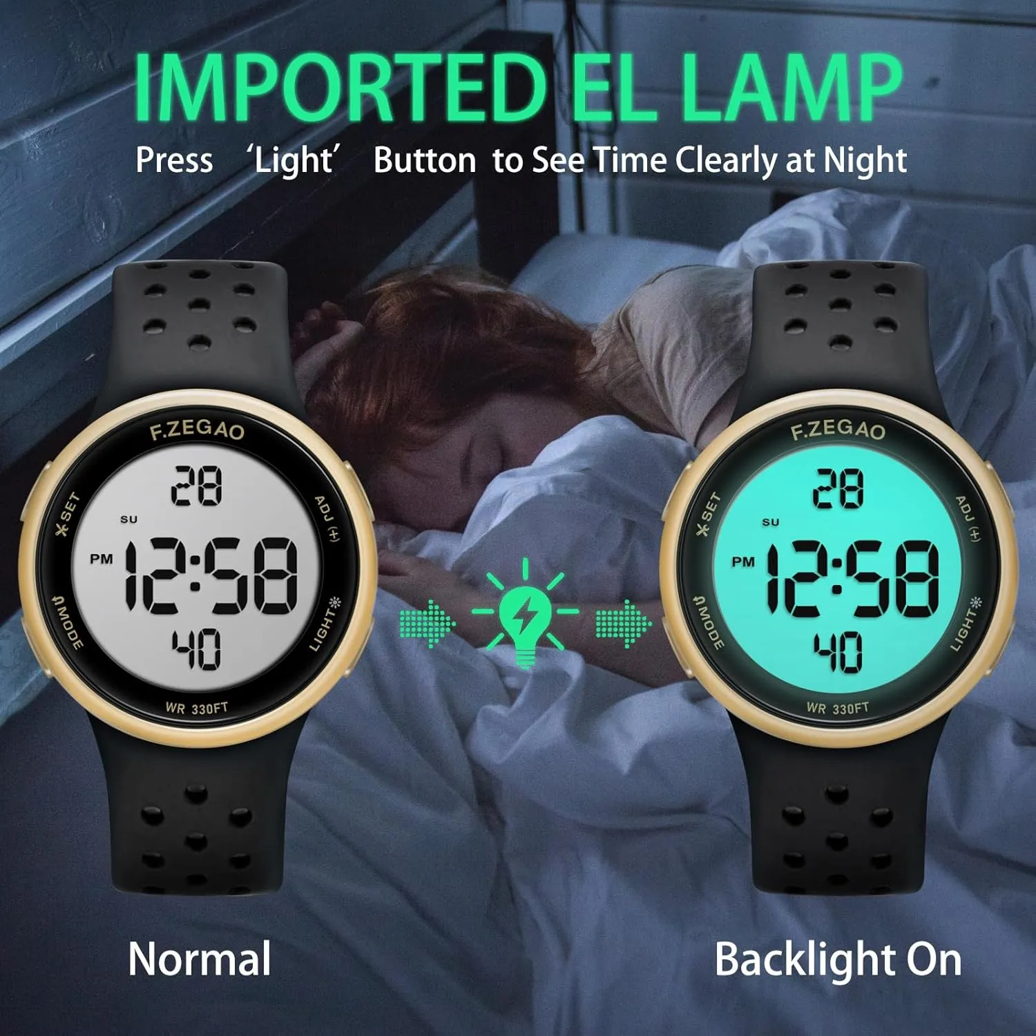 Injected Silicone Band Stopwatch Alarm Countdown Dual Time Mutifunction uphold glitter flashy Digital Watch Unisex, 10ATM Waterproof Watch for Swimming Soft Double 