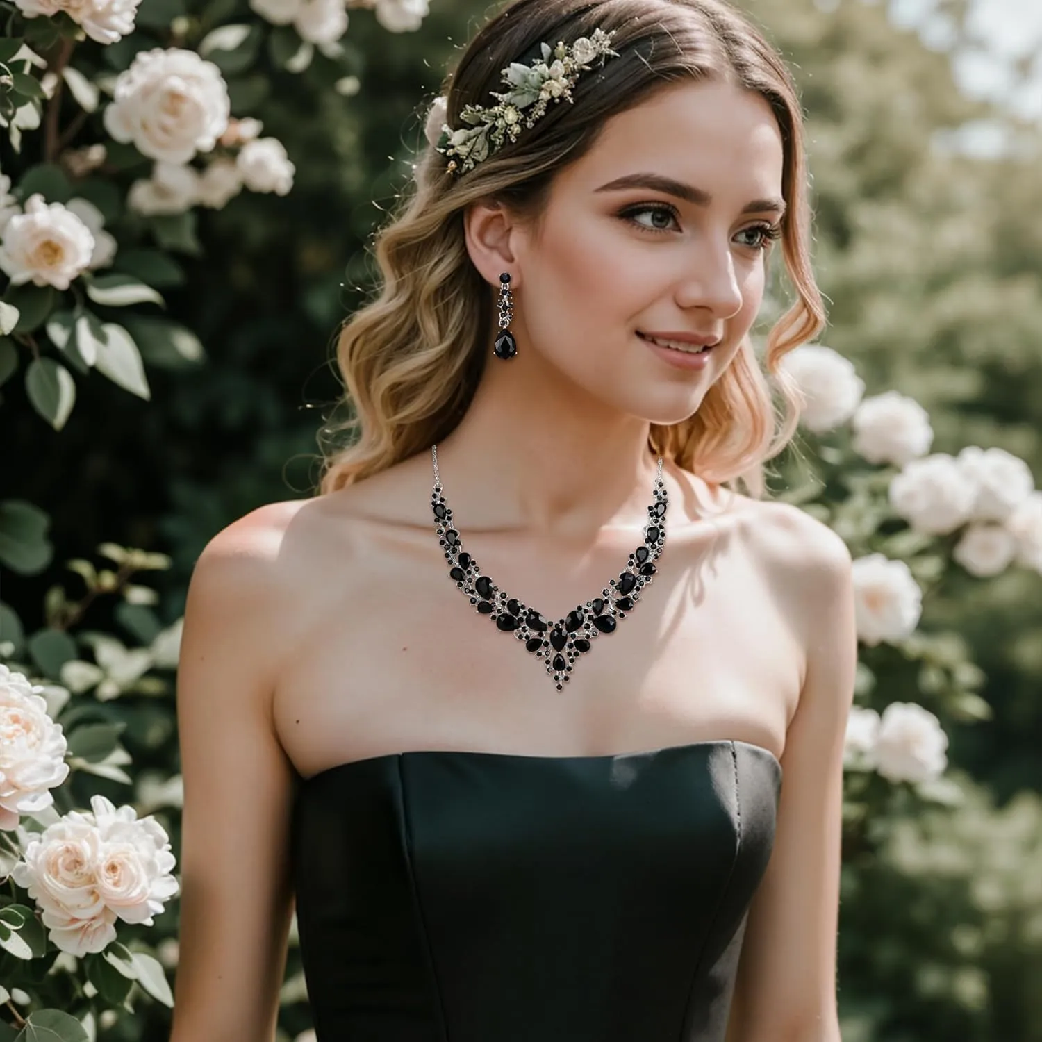 Jewelry Set BriLove Women's Wedding Bridal doll sprout industry actress regeneration bold Austrian Crystal Teardrop Cluster Statement Necklace Dangle Earrings 