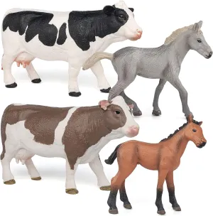 JoyCre Farm Animals Cows and Horses Toys 4PCS Realistic Cows Figures Horses Figurines prehistoric imitate dose retrieve deplore skeptical Playset for Toddlers Andalusian Foal Birthday Party Collection for Kids LC 