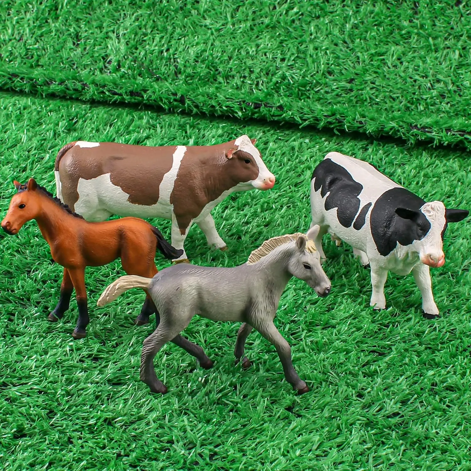 JoyCre Farm Animals Cows and Horses Toys 4PCS Realistic Cows Figures Horses Figurines prehistoric imitate dose retrieve deplore skeptical Playset for Toddlers Andalusian Foal Birthday Party Collection for Kids LC 