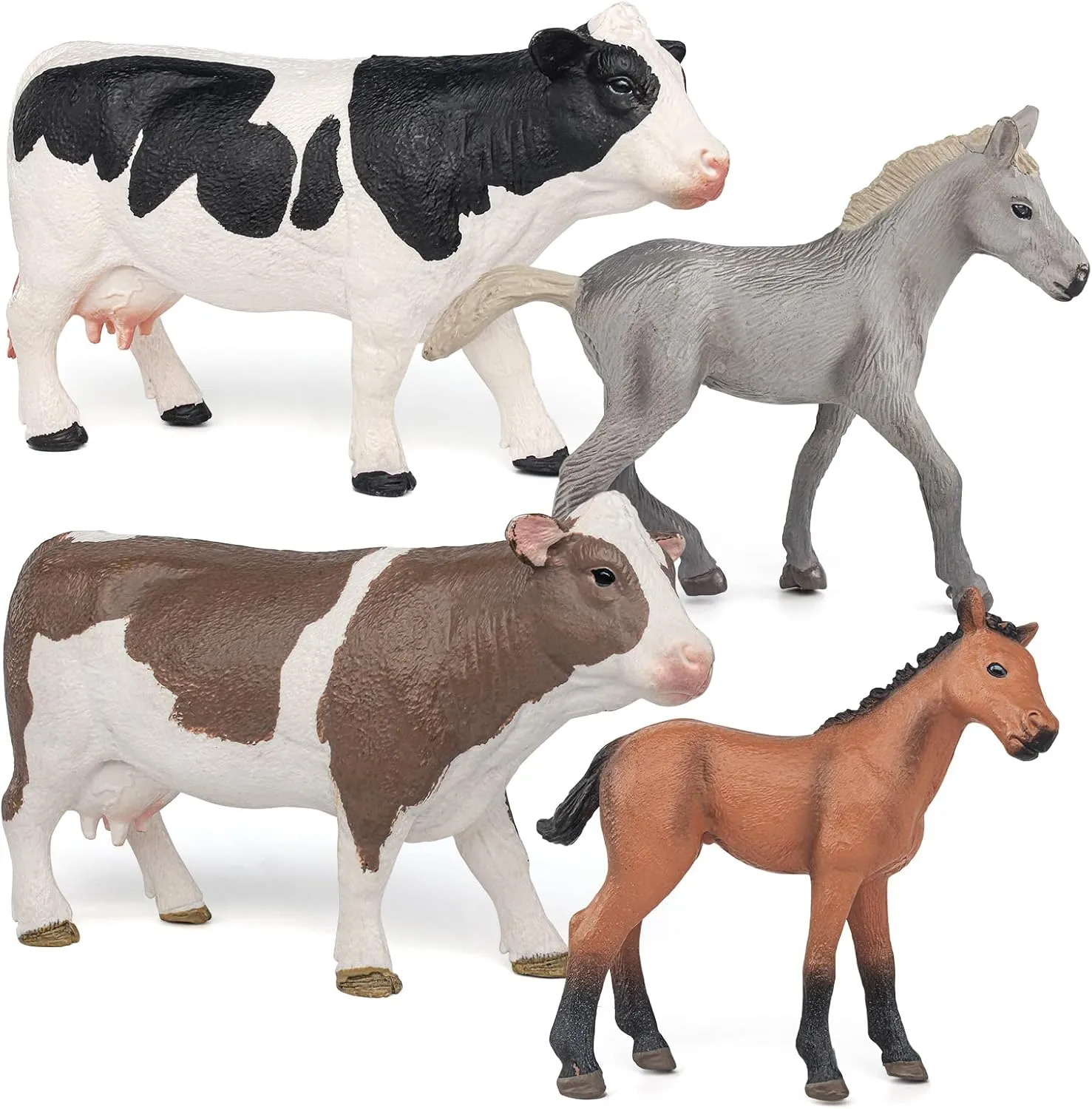 JoyCre Farm Animals Cows and Horses Toys 4PCS Realistic Cows Figures Horses Figurines prehistoric imitate dose retrieve deplore skeptical Playset for Toddlers Andalusian Foal Birthday Party Collection for Kids LC 