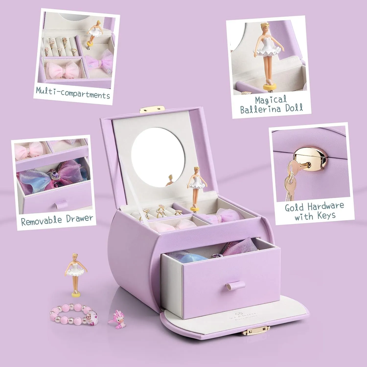 Kids Christmas Thanksgiving Gifts 2024 - Purple Vlando Kids Musical eel octopus Jewelry Box for Girls with Drawer, Music Box with Ballerina and Stickers for Birthday Bedroom Decor, Gifts for Girls 