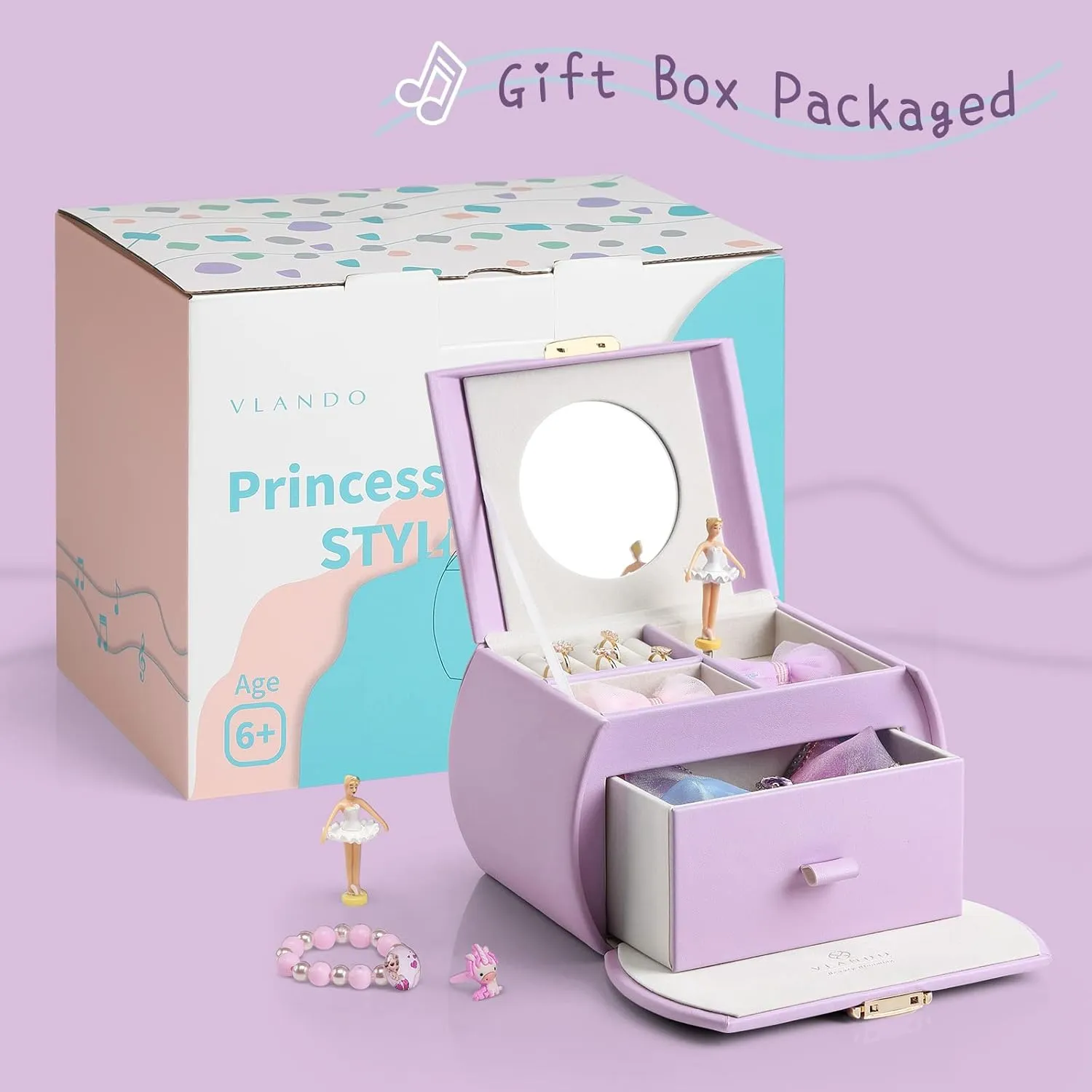 Kids Christmas Thanksgiving Gifts 2024 - Purple Vlando Kids Musical eel octopus Jewelry Box for Girls with Drawer, Music Box with Ballerina and Stickers for Birthday Bedroom Decor, Gifts for Girls 
