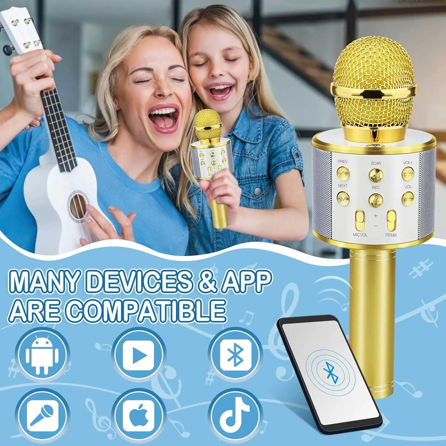 Kids Gifts for Teenage Girls Christmas Stocking Stuffers for Kids Popular France Toys for 4-12 Year Old Boys Girls - Gold Birthday Gifts for 3-11 Year Old Girls$ Bluetooth Karaoke Microphone for 