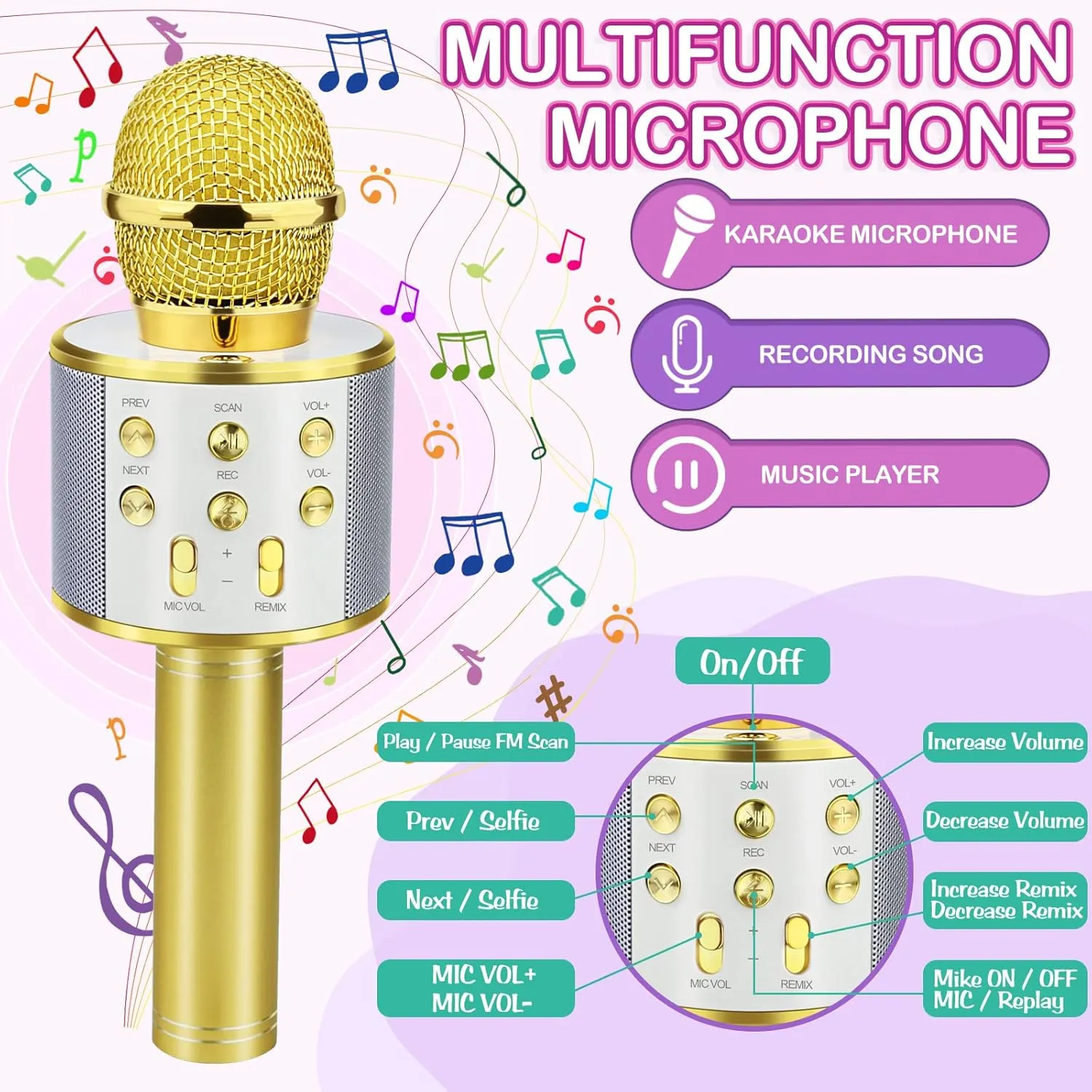 Kids Gifts for Teenage Girls Christmas Stocking Stuffers for Kids Popular France Toys for 4-12 Year Old Boys Girls - Gold Birthday Gifts for 3-11 Year Old Girls$ Bluetooth Karaoke Microphone for 