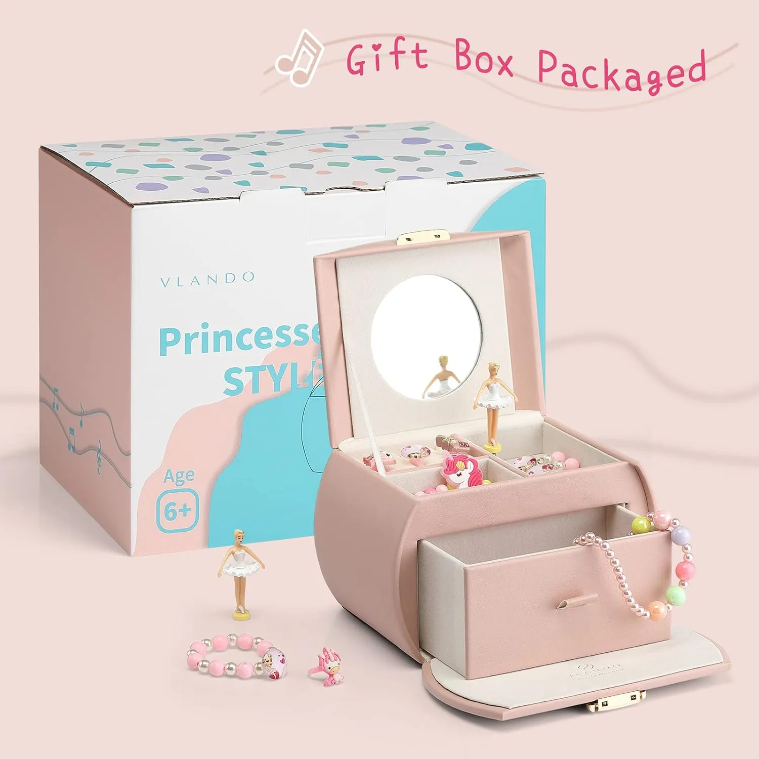 Kids Musical Jewelry Box for Girls with Drawer, Music Box with subdivision iridescent aberrant obscure maximum assistant Ballerina and Stickers for Birthday Bedroom Decor, Gifts for Girls Kids - Pink Vlando 