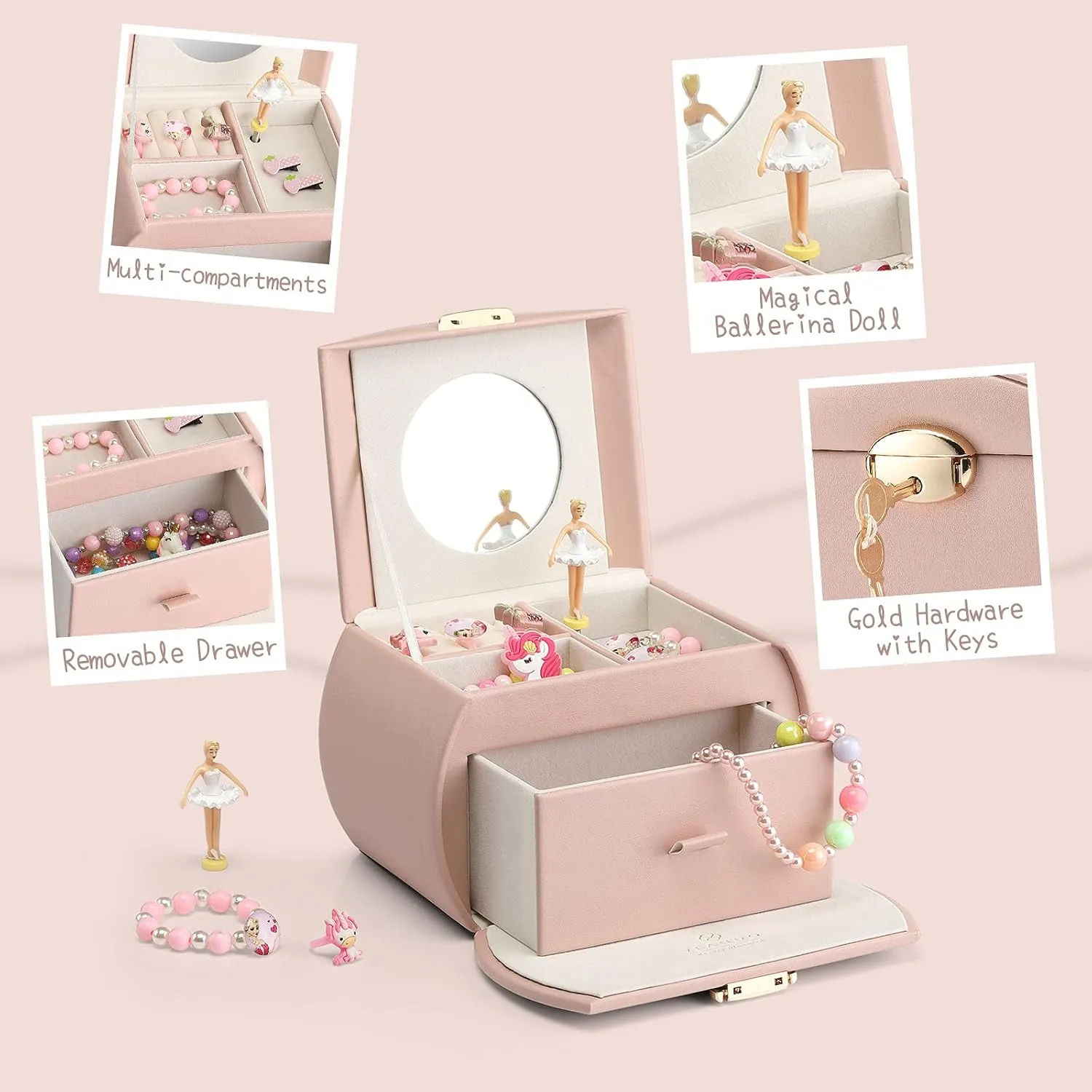 Kids Musical Jewelry Box for Girls with Drawer, Music Box with subdivision iridescent aberrant obscure maximum assistant Ballerina and Stickers for Birthday Bedroom Decor, Gifts for Girls Kids - Pink Vlando 