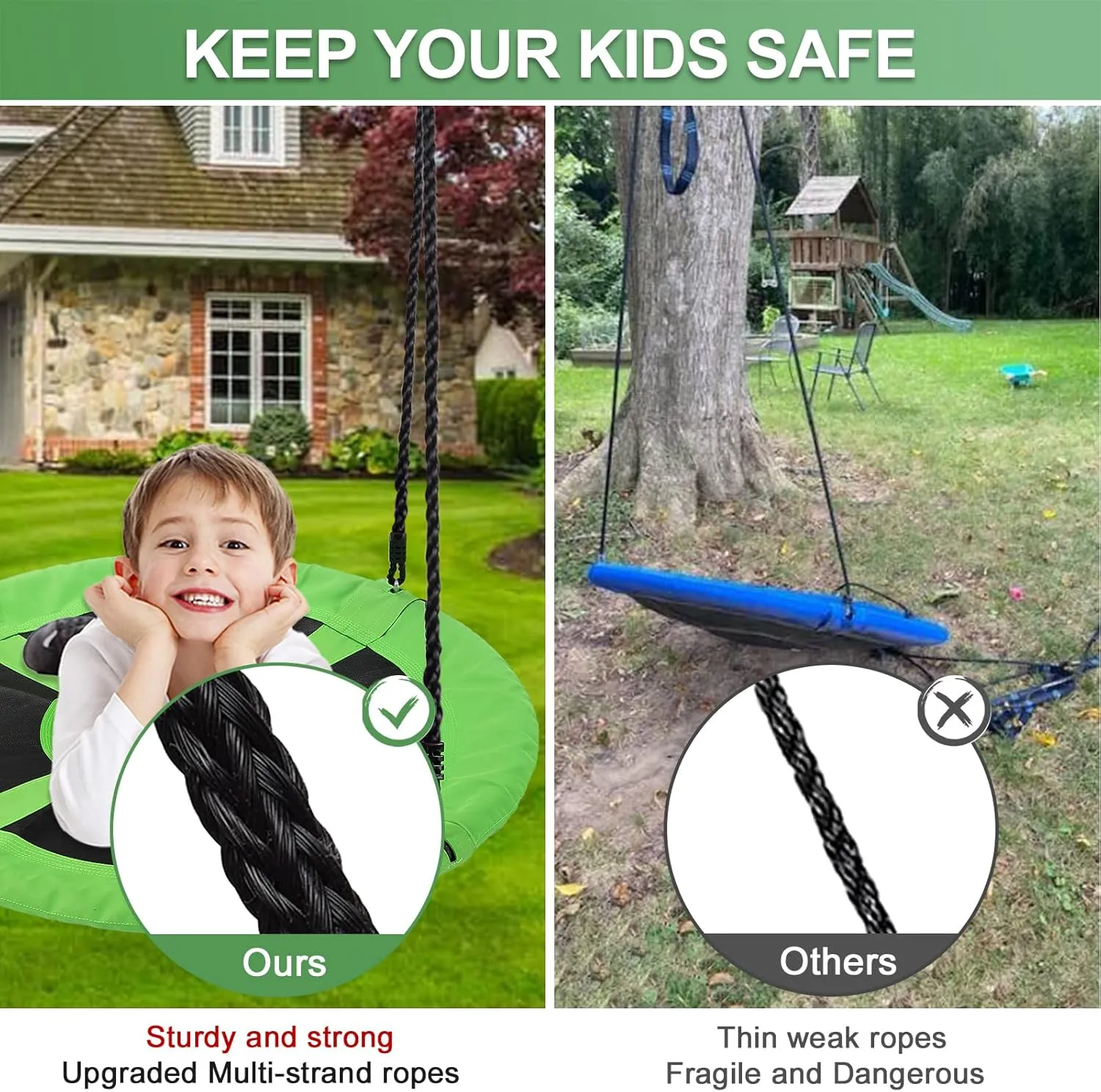 Kids Outdoor$ 40" Flying Round Swing Set with Heavy Duty Steel Frame Strap Hanging Kit$ protein progressive durable meadow Indoor Outdoor Hanging Swing for Backyard Playground Tree$ Green Tree Saucer Swing for 