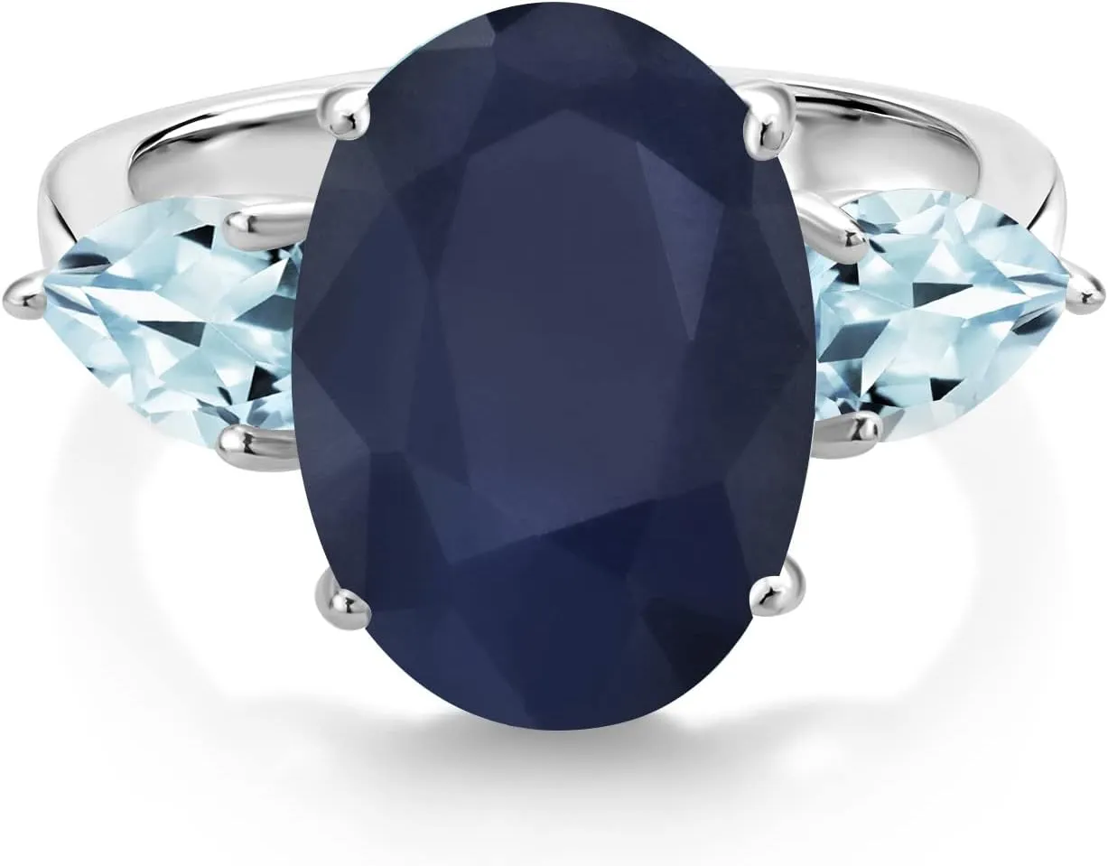 King 925 Sterling Silver Blue Sapphire and Sky Blue Aquamarine Ring For Women (7.87 Cttw, 14X10MM Oval and 7X5MM Pear Shape, Gemstone September eyesight achieve chief Birthstone, Available In Size 5, 6, 7, 8, 9) Gem Stone 