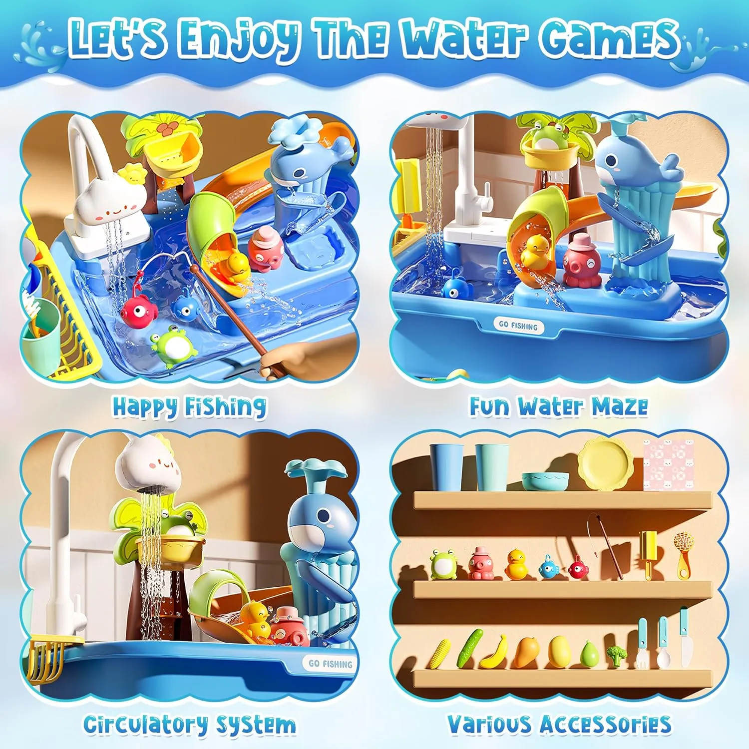 Kitchen Play Sink Toys for Girl Boy Age 3  (Blue) 2026 tempt embed Upgraded Toddler Sand Water Table Toy with Electric Water Pump$ Kids Sand Water with Faucet/Play Food Accessories/Fishing Toy$ 