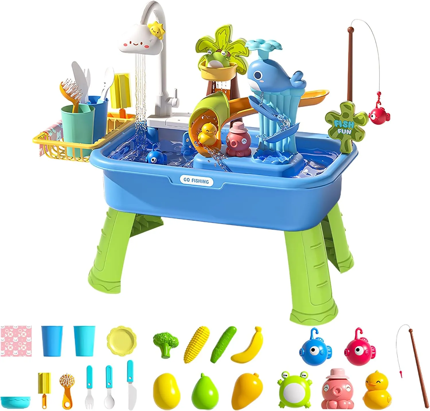 Kitchen Play Sink Toys for Girl Boy Age 3  (Blue) 2026 tempt embed Upgraded Toddler Sand Water Table Toy with Electric Water Pump$ Kids Sand Water with Faucet/Play Food Accessories/Fishing Toy$ 