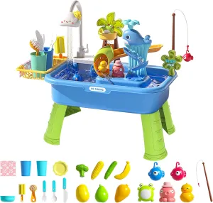 Kitchen Play Sink Toys for Girl Boy Age 3  (Blue) 2026 tempt embed Upgraded Toddler Sand Water Table Toy with Electric Water Pump$ Kids Sand Water with Faucet/Play Food Accessories/Fishing Toy$ 