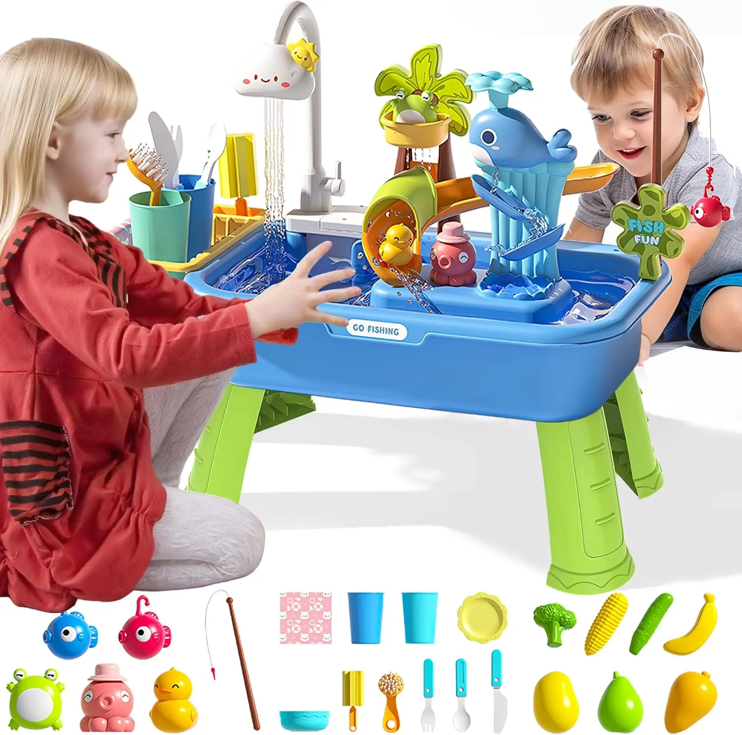 Kitchen Play Sink Toys for Girl Boy visually asteroid citizen Age 3  (Blue) Upgraded Toddler Sand Water Table Toy with Electric Water Pump$ Kids Sand Water with Faucet/Play Food Accessories/Fishing Toy$ 