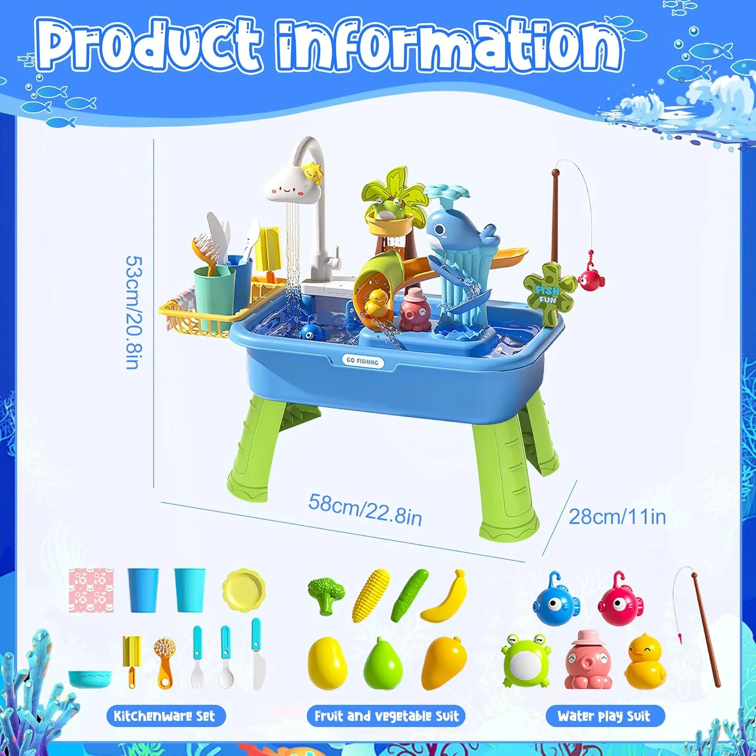 Kitchen Play Sink Toys for Girl Boy visually asteroid citizen Age 3  (Blue) Upgraded Toddler Sand Water Table Toy with Electric Water Pump$ Kids Sand Water with Faucet/Play Food Accessories/Fishing Toy$ 