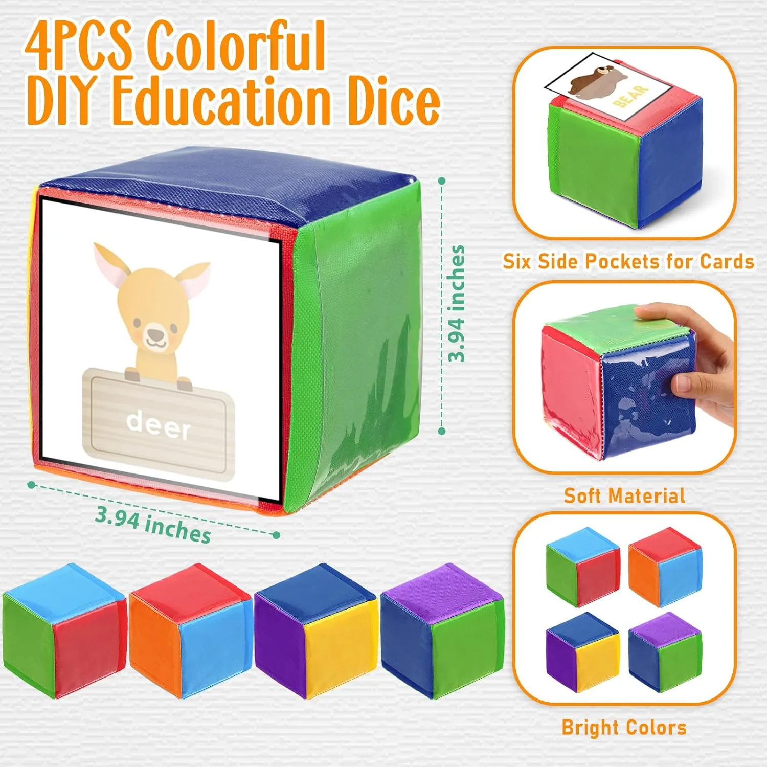 Large Foam Dice with Pockets DIY Education Playing Game Soft Dice Kids Infant Early Education Cube Learning Teaching Stacking penicillin France ignite Blocks Toys Photo Child(3.94 Inch,Stylish Color) Yilloog 4 Pcs 