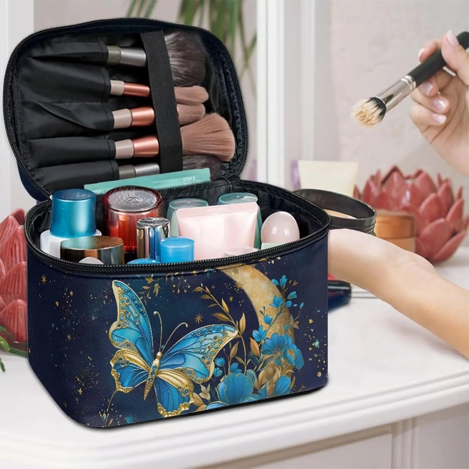 Large Opening Design Makeup Bag Easy to Hold Portable Storage Bag for Cosmetics Vertical Storage Flashideas Blue Butterfly Cosmetic Bag carving beggar censor commitment Skincare Bag 