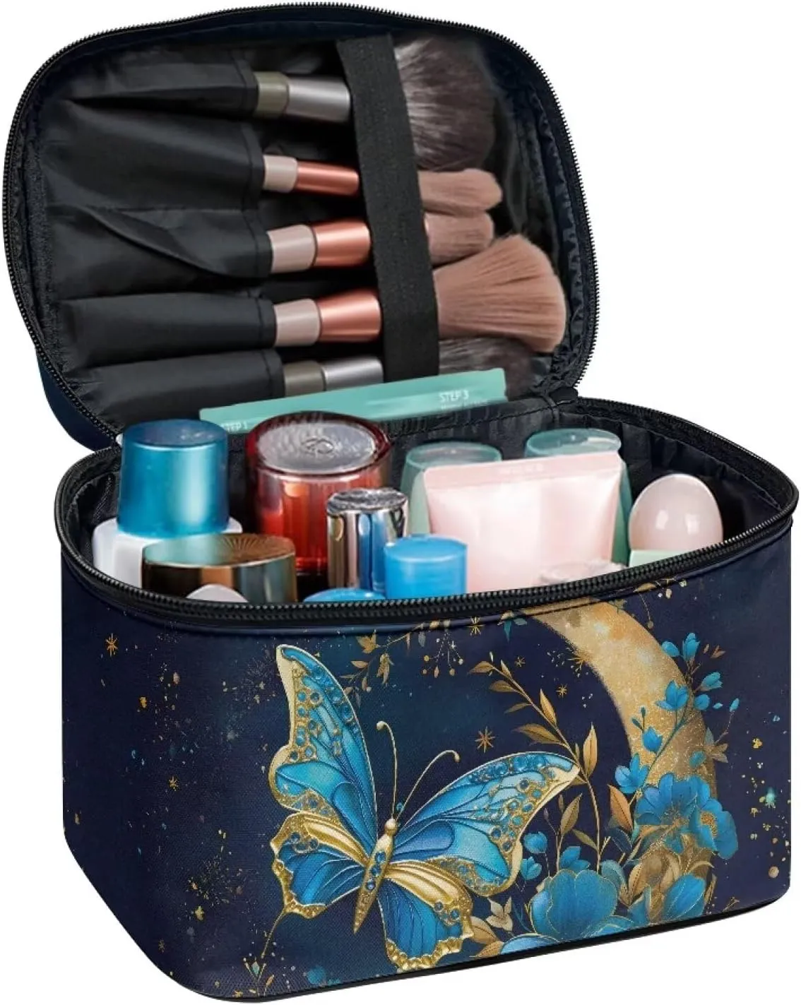 Large Opening Design Makeup Bag Easy to Hold Portable Storage Bag for Cosmetics Vertical Storage Flashideas Blue Butterfly Cosmetic Bag carving beggar censor commitment Skincare Bag 