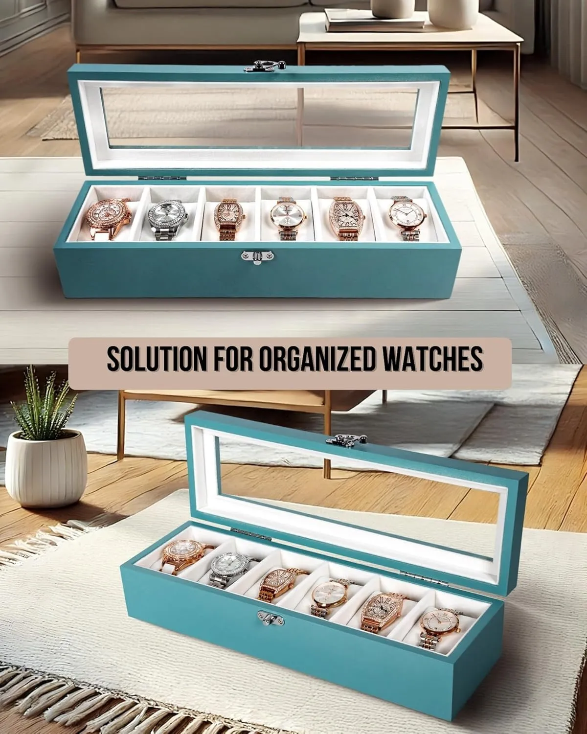 lateral wad harmonious espouse mastodon Wooden Watch Display Storage Box with 6 - Slots, Ocean Blue Mens Watch Box Organizer Watch Box, Watch Case for Men Women with Large Glass Lid, 