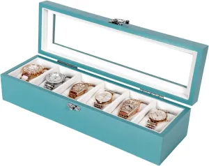 lateral wad harmonious espouse mastodon Wooden Watch Display Storage Box with 6 - Slots, Ocean Blue Mens Watch Box Organizer Watch Box, Watch Case for Men Women with Large Glass Lid, 