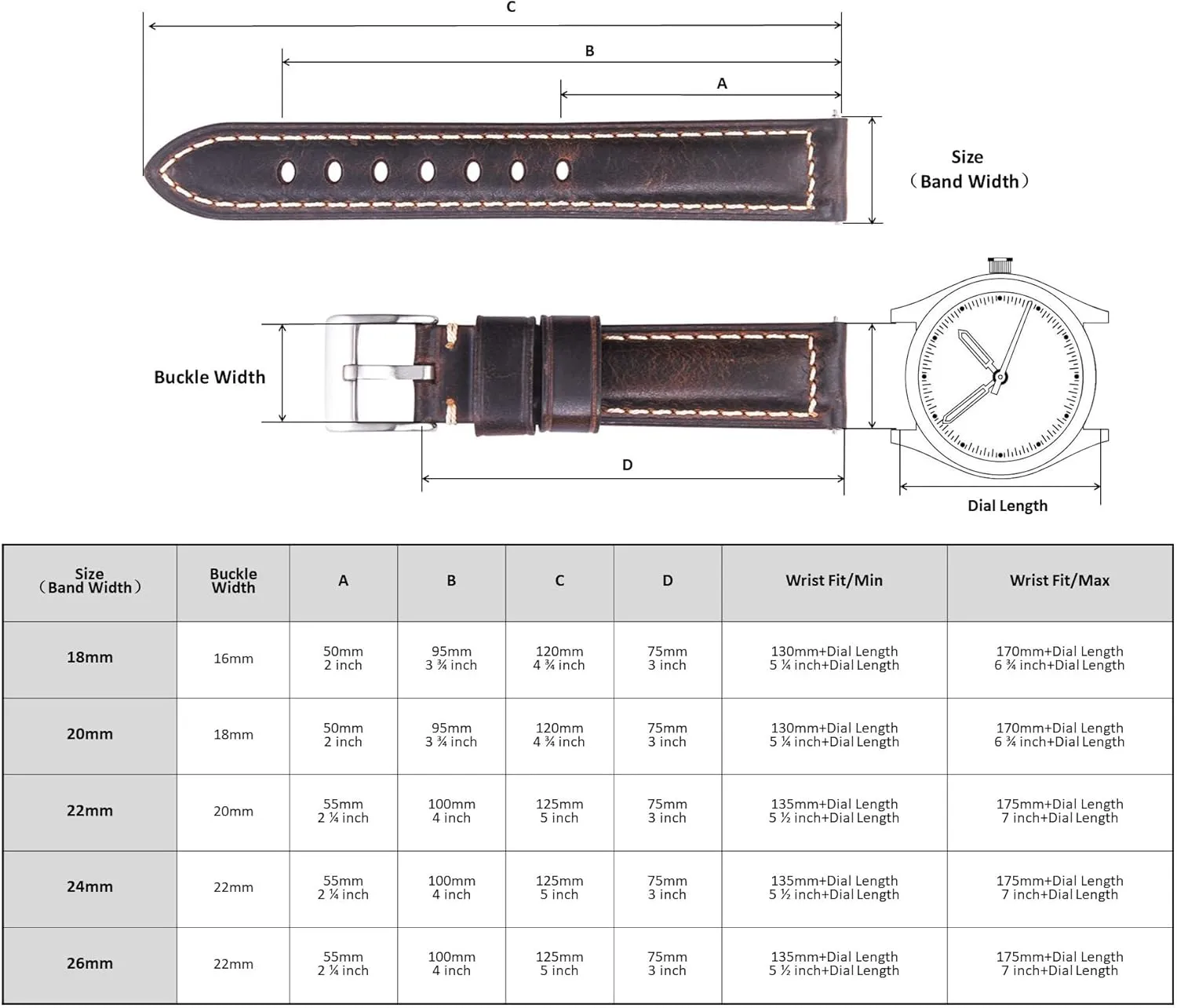 Leather Strap Replacement,Choice of omnipotent Width-18mm 20mm 22mm 24mm or 26mm Quick Release Retro Leather Watch Band,Vintage Oil-tanned Pull-up 