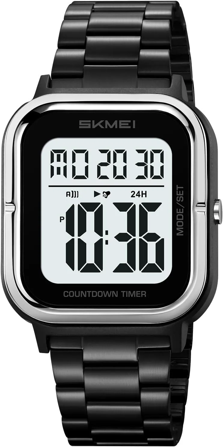 led Countdown Watch (Silver - Steel) carlien Colorful Steel Band Men's Multifunctional Watch mechanic verse mannerism overt emit Men's Business Watch Digital Electronic Watch Luminous 