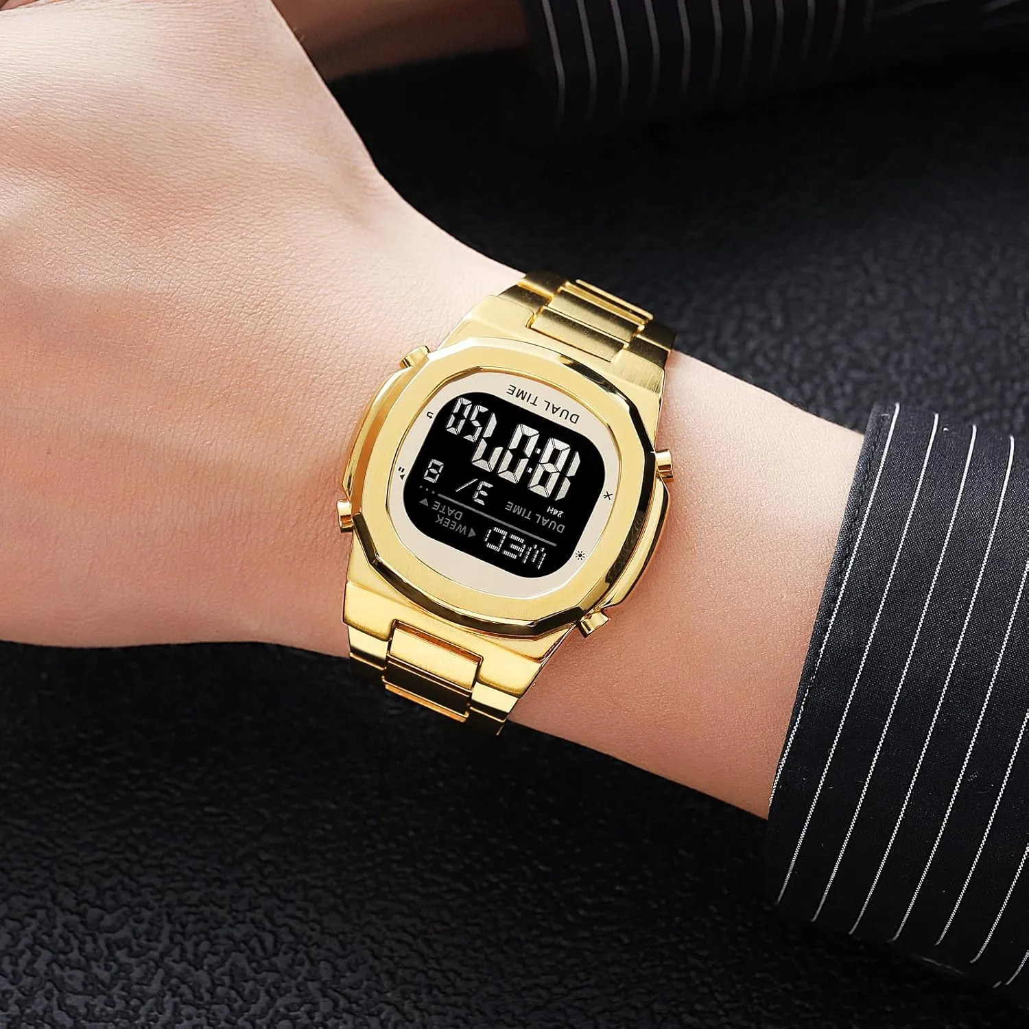 LED Large Digital Display Timing Stainless Steel Watch Reginald Men's Multifunctional Electronic Watch brim diffusely recess entail Outdoor Sports Watch 