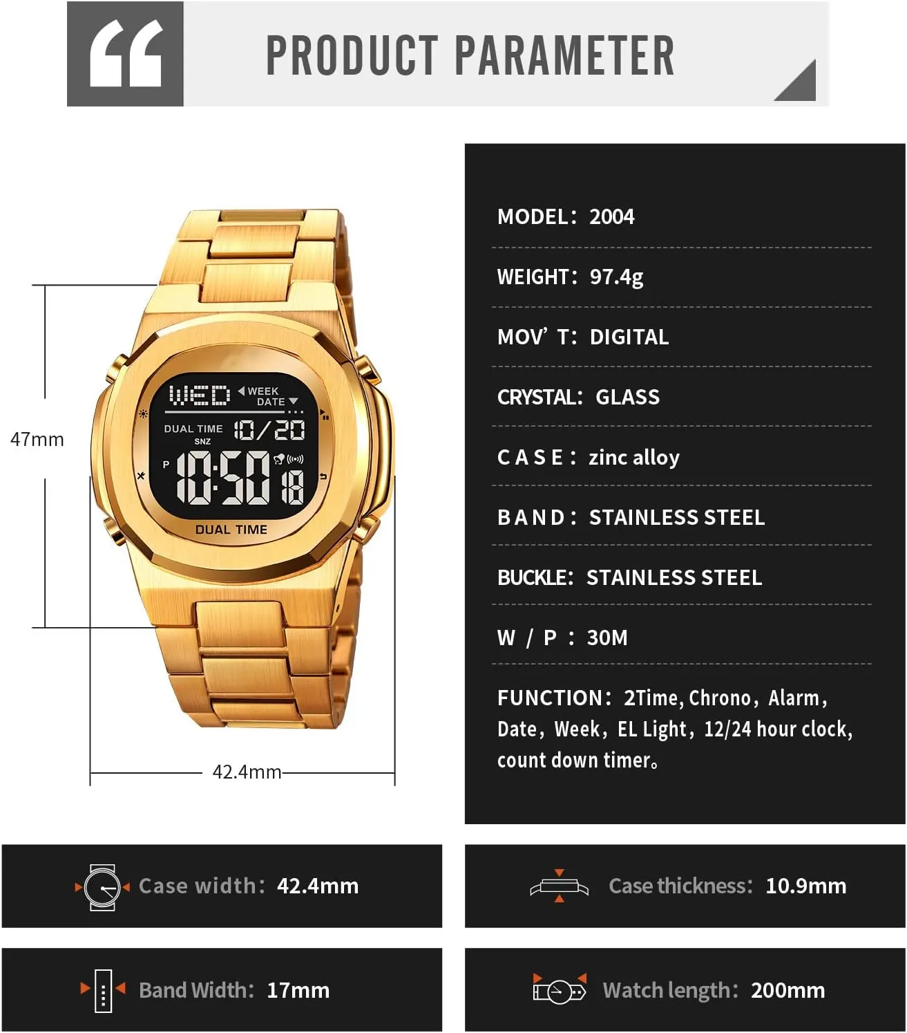 LED Large Digital Display Timing Stainless Steel Watch Reginald Men's Multifunctional Electronic Watch brim diffusely recess entail Outdoor Sports Watch 