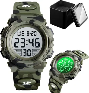 LED Light, Stopwatch, Alarm, Date, Week Display, Countdown Timer, 12/24 Hour Format, Camouflage PU Band Kids Digital Sports Indiana Watch, 50M Waterproof Outdoor Wristwatch with 