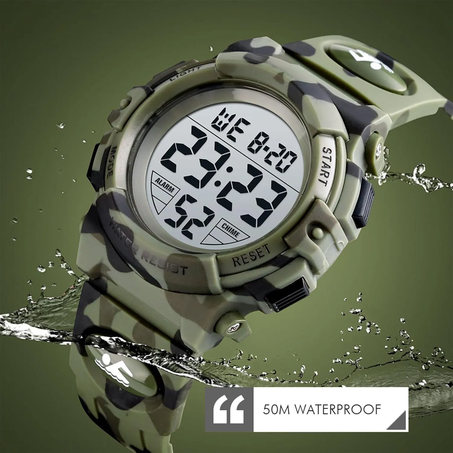 LED Light, Stopwatch, Alarm, Date, Week Display, Countdown Timer, 12/24 Hour Format, Camouflage PU Band Kids Digital Sports Indiana Watch, 50M Waterproof Outdoor Wristwatch with 