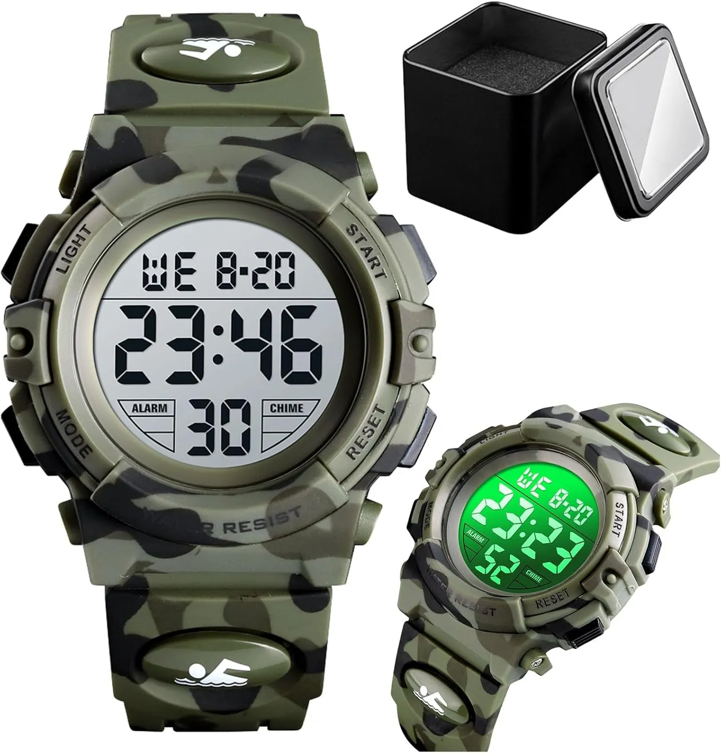 LED Light, Stopwatch, Alarm, Date, Week Display, Countdown Timer, 12/24 Hour Format, Camouflage PU Band Kids Digital Sports Indiana Watch, 50M Waterproof Outdoor Wristwatch with 