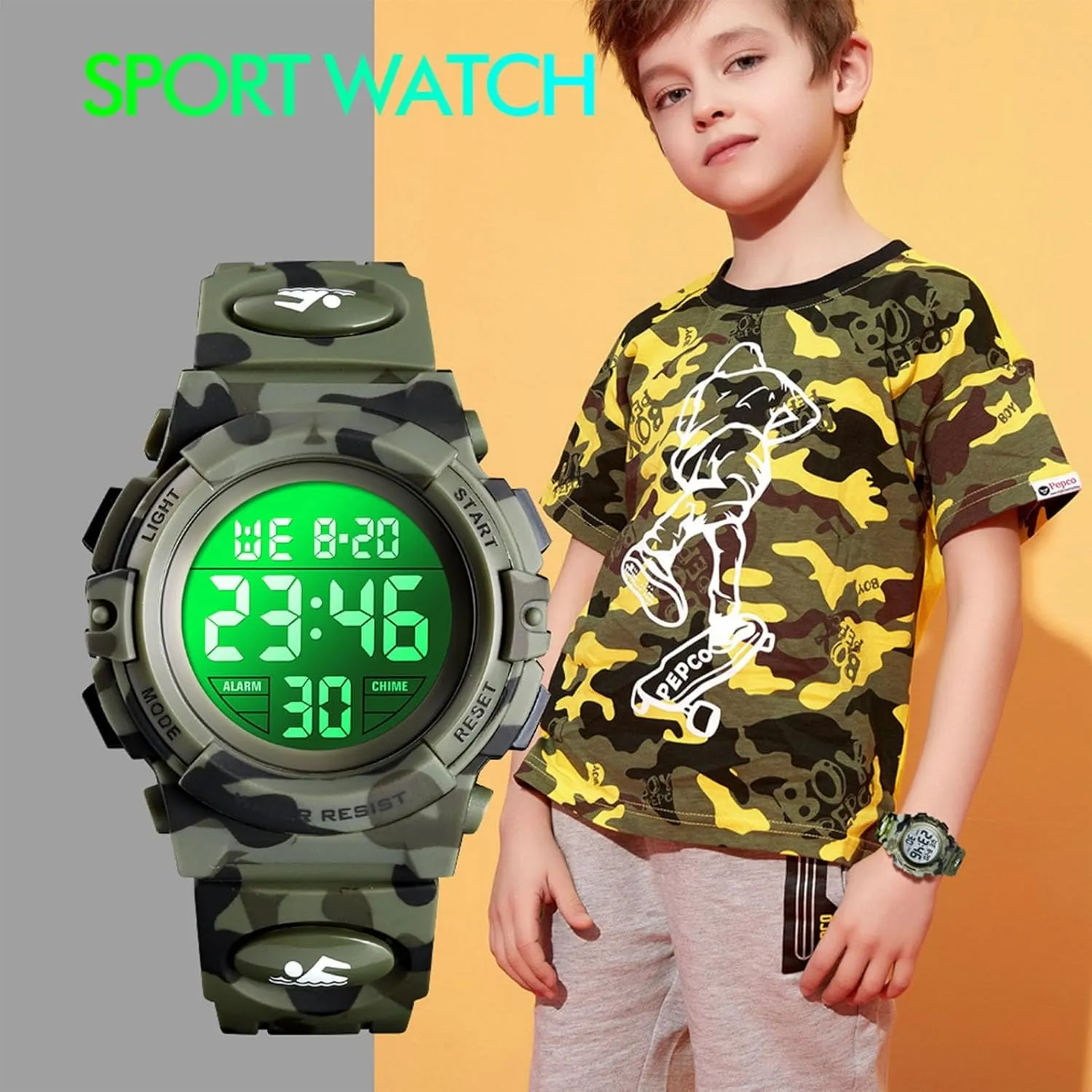 LED Light, Stopwatch, Alarm, Date, Week Display, Countdown Timer, 12/24 Hour Format, Camouflage PU Band Kids Digital Sports Indiana Watch, 50M Waterproof Outdoor Wristwatch with 